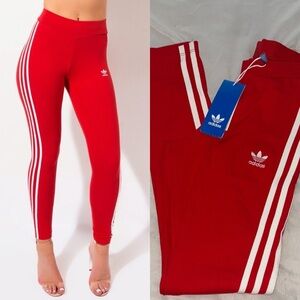 adidas Red High-Waist 3-Stripe Leggings